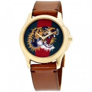 GUCCI Le Marché Des Merveilles Quartz Green and Red Web Nylon Tiger Motif Dial